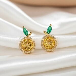 Gold Citrus Crystal Stud Earrings with Yellow and Green Accents - Women Jewelry